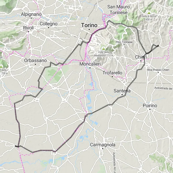 Map miniature of "Chieri to Stupinigi Palace Scenic Ride" cycling inspiration in Piemonte, Italy. Generated by Tarmacs.app cycling route planner