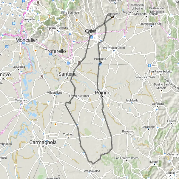 Map miniature of "Andezeno and the Surrounding Scenic Landscape" cycling inspiration in Piemonte, Italy. Generated by Tarmacs.app cycling route planner