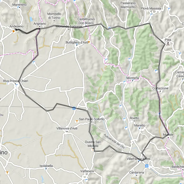 Map miniature of "Scenic Road Cycling Route Through Castelnuovo Don Bosco, Cerreto d'Asti, Villafranca d'Asti, San Paolo Solbrito, and Arignano" cycling inspiration in Piemonte, Italy. Generated by Tarmacs.app cycling route planner