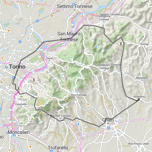 Map miniature of "Andezeno Road Cycling Loop" cycling inspiration in Piemonte, Italy. Generated by Tarmacs.app cycling route planner