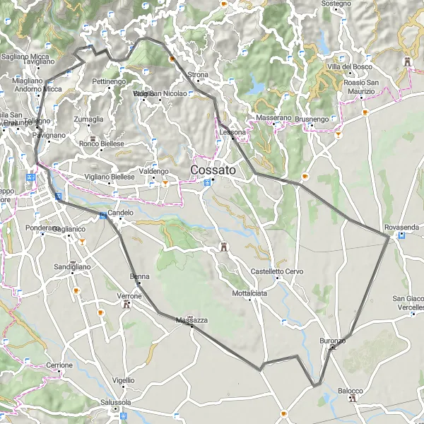 Mapa miniatúra "Cyklistická cesta do Valle Mosso a Biely" cyklistická inšpirácia v Piemonte, Italy. Vygenerované cyklistickým plánovačom trás Tarmacs.app