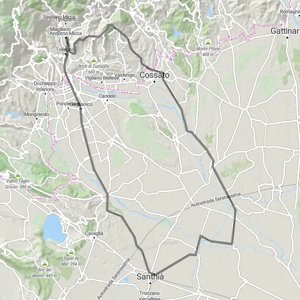 Zemljevid v pomanjšavi "Kolesarska pot Pettinengo" kolesarske inspiracije v Piemonte, Italy. Generirano z načrtovalcem kolesarskih poti Tarmacs.app