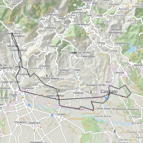 Mapa miniatúra "Cyklotrasa cez Miagliano a Cossato" cyklistická inšpirácia v Piemonte, Italy. Vygenerované cyklistickým plánovačom trás Tarmacs.app