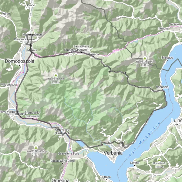 Miniaturní mapa "Výzva kolem jezera Lago Maggiore" inspirace pro cyklisty v oblasti Piemonte, Italy. Vytvořeno pomocí plánovače tras Tarmacs.app