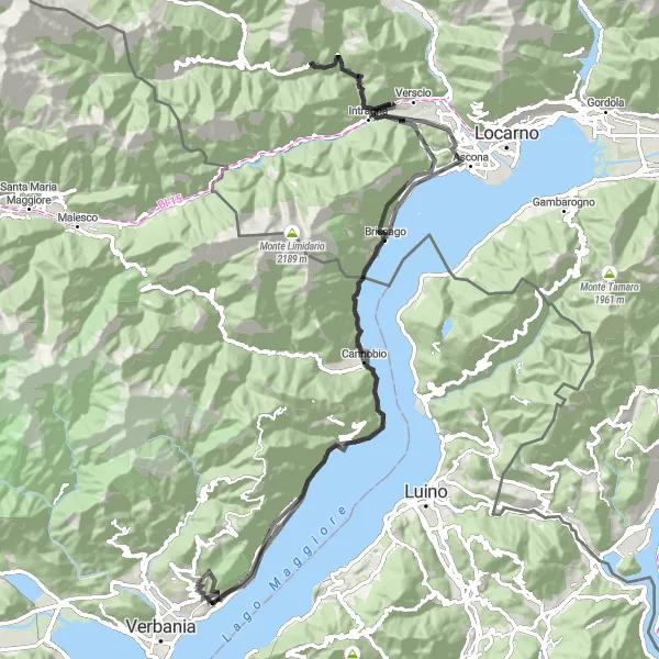 Miniatua del mapa de inspiración ciclista "Ruta Escénica a través de Cavigliano y Brissago" en Piemonte, Italy. Generado por Tarmacs.app planificador de rutas ciclistas
