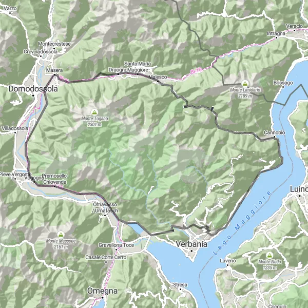 Miniatua del mapa de inspiración ciclista "Ruta Escénica a través de Malesco y Ghiffa" en Piemonte, Italy. Generado por Tarmacs.app planificador de rutas ciclistas