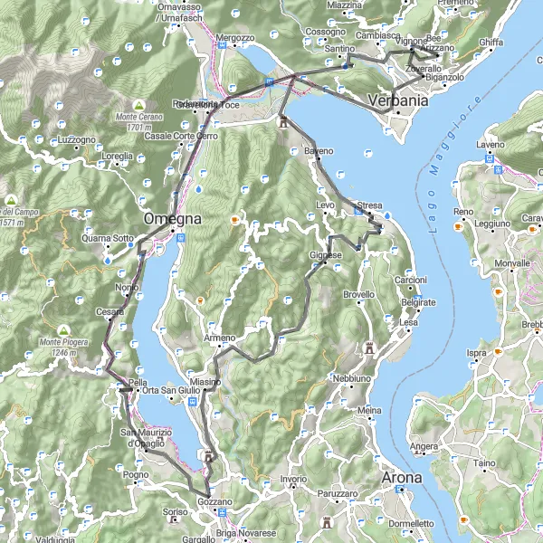 Zemljevid v pomanjšavi "Kolesarska pot ob jezeru" kolesarske inspiracije v Piemonte, Italy. Generirano z načrtovalcem kolesarskih poti Tarmacs.app