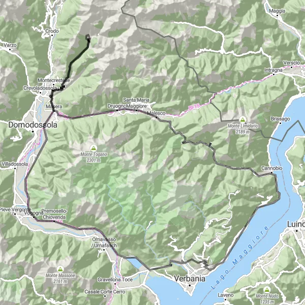 Miniature de la carte de l'inspiration cycliste "Circuito vers Mergozzo et Monte Navone" dans la Piemonte, Italy. Générée par le planificateur d'itinéraire cycliste Tarmacs.app