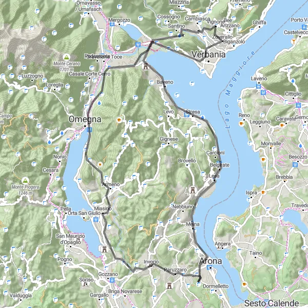 Kartminiatyr av "Lago Maggiore och Verbania Loop" cykelinspiration i Piemonte, Italy. Genererad av Tarmacs.app cykelruttplanerare