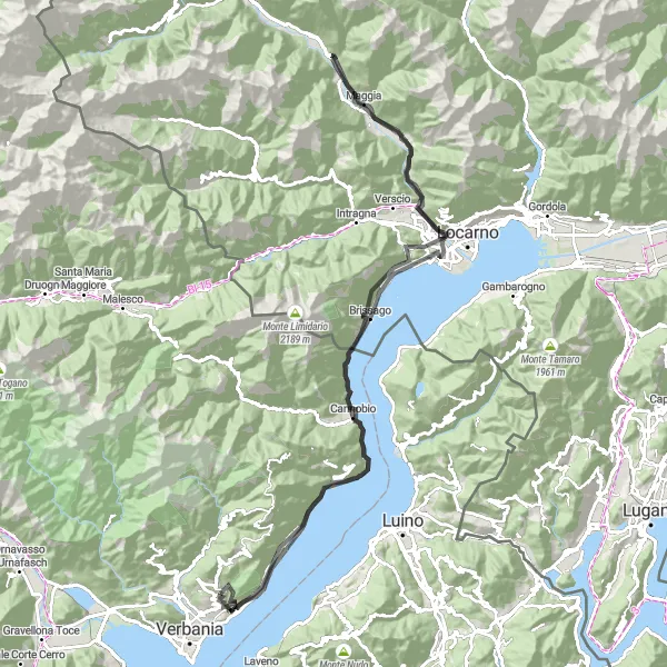 Mapa miniatúra "Cyklistická trasa okolo jezera Lago Maggiore" cyklistická inšpirácia v Piemonte, Italy. Vygenerované cyklistickým plánovačom trás Tarmacs.app