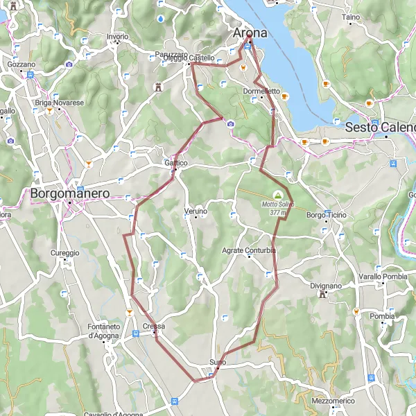 Miniatura della mappa di ispirazione al ciclismo "Gravel Arona - Rocca Borromea di Arona" nella regione di Piemonte, Italy. Generata da Tarmacs.app, pianificatore di rotte ciclistiche