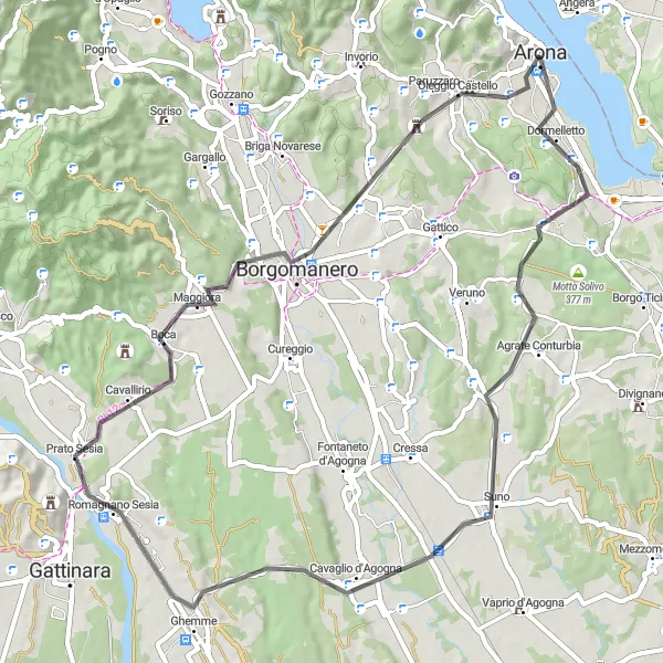 Miniatura della mappa di ispirazione al ciclismo "Road Arona - Motto Carré" nella regione di Piemonte, Italy. Generata da Tarmacs.app, pianificatore di rotte ciclistiche