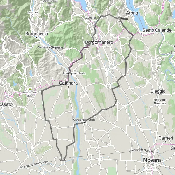 Map miniature of "Novara Road Adventure" cycling inspiration in Piemonte, Italy. Generated by Tarmacs.app cycling route planner