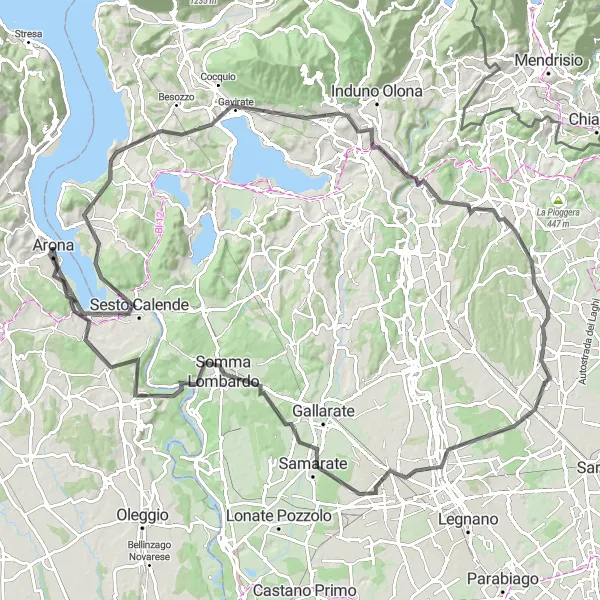 Miniatura della mappa di ispirazione al ciclismo "Road Arona - Costa dal Pinin" nella regione di Piemonte, Italy. Generata da Tarmacs.app, pianificatore di rotte ciclistiche