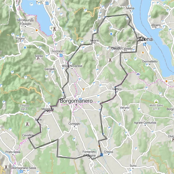 Miniatura della mappa di ispirazione al ciclismo "Giro in bicicletta intorno ad Arona" nella regione di Piemonte, Italy. Generata da Tarmacs.app, pianificatore di rotte ciclistiche