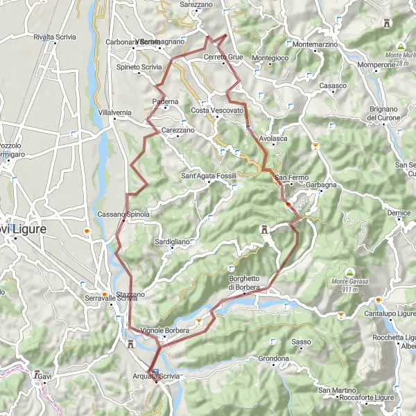 Miniaturní mapa "Gravelová trasa kolem Arquata Scrivia" inspirace pro cyklisty v oblasti Piemonte, Italy. Vytvořeno pomocí plánovače tras Tarmacs.app