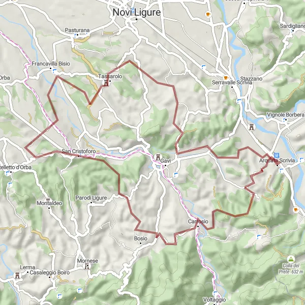 Miniaturní mapa "Gravelová trasa kolem Monte Erbano" inspirace pro cyklisty v oblasti Piemonte, Italy. Vytvořeno pomocí plánovače tras Tarmacs.app