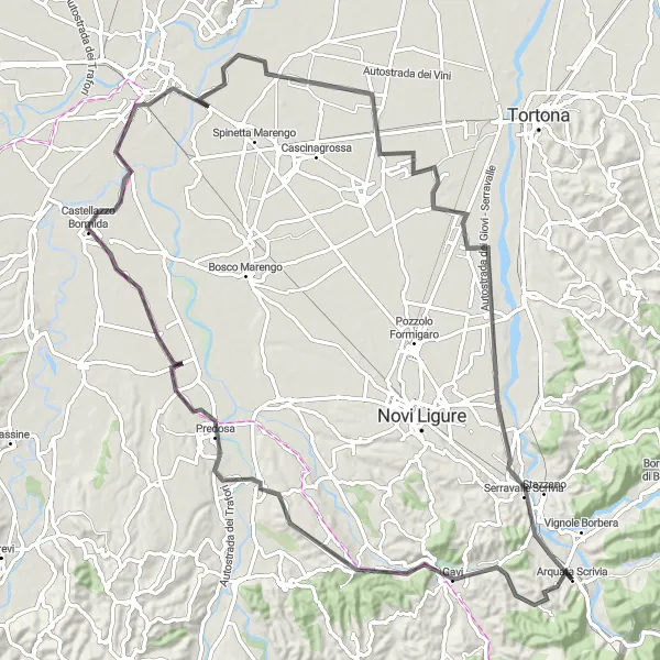 Map miniature of "Discovering Gavi and the surrounding area" cycling inspiration in Piemonte, Italy. Generated by Tarmacs.app cycling route planner
