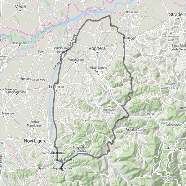 Kartminiatyr av "Tortona til Vignole Borbera Road Loop" sykkelinspirasjon i Piemonte, Italy. Generert av Tarmacs.app sykkelrutoplanlegger