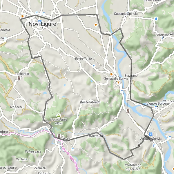 Zemljevid v pomanjšavi "Raziskovanje pokrajine okoli Gavija" kolesarske inspiracije v Piemonte, Italy. Generirano z načrtovalcem kolesarskih poti Tarmacs.app