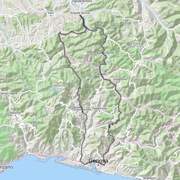 Zemljevid v pomanjšavi "Kolesarska dogodivščina v bližini Arquate Scrivie: Bric del Regno in Monte Carlo" kolesarske inspiracije v Piemonte, Italy. Generirano z načrtovalcem kolesarskih poti Tarmacs.app