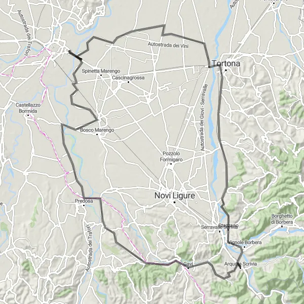 Miniaturní mapa "Cyklistická trasa kolem Arquata Scrivia" inspirace pro cyklisty v oblasti Piemonte, Italy. Vytvořeno pomocí plánovače tras Tarmacs.app