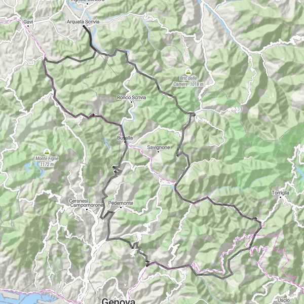 Miniatura della mappa di ispirazione al ciclismo "Strada panoramica fino al Passo dei Giovi" nella regione di Piemonte, Italy. Generata da Tarmacs.app, pianificatore di rotte ciclistiche