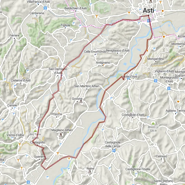 Karttaminiaatyyri "Kulttuurireitti Isola d'Astin ympäristössä" pyöräilyinspiraatiosta alueella Piemonte, Italy. Luotu Tarmacs.app pyöräilyreittisuunnittelijalla