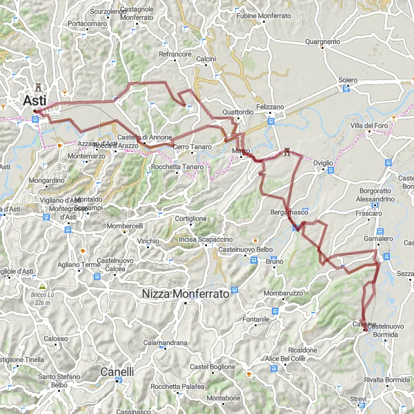 Miniaturní mapa "Gravel Route Asti - Castello di Annone" inspirace pro cyklisty v oblasti Piemonte, Italy. Vytvořeno pomocí plánovače tras Tarmacs.app