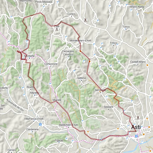 Kartminiatyr av "Utforsk grusterritoriet i Asti" sykkelinspirasjon i Piemonte, Italy. Generert av Tarmacs.app sykkelrutoplanlegger
