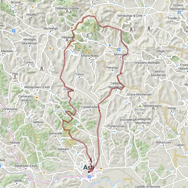 Miniatura della mappa di ispirazione al ciclismo "Avventura Gravel tra Colline Astigiane" nella regione di Piemonte, Italy. Generata da Tarmacs.app, pianificatore di rotte ciclistiche