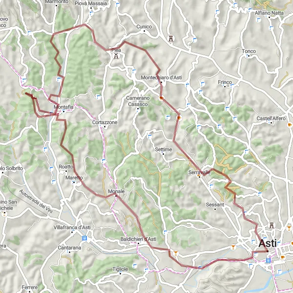 Mapa miniatúra "Gravel cyklotrasa Asti" cyklistická inšpirácia v Piemonte, Italy. Vygenerované cyklistickým plánovačom trás Tarmacs.app