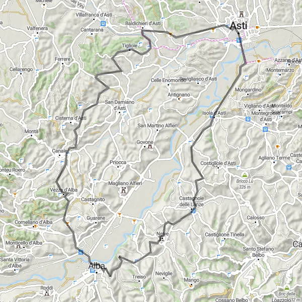 Miniatura della mappa di ispirazione al ciclismo "Giro in bicicletta da Asti ad Alba" nella regione di Piemonte, Italy. Generata da Tarmacs.app, pianificatore di rotte ciclistiche