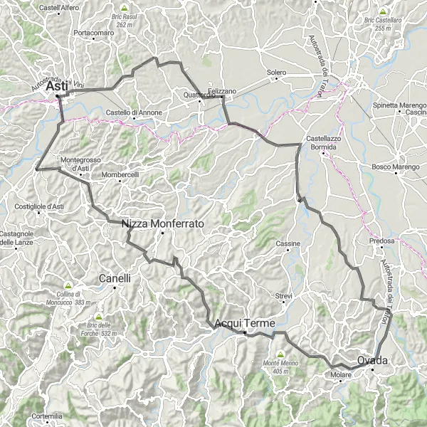 Miniatua del mapa de inspiración ciclista "Ruta de las colinas de Asti" en Piemonte, Italy. Generado por Tarmacs.app planificador de rutas ciclistas