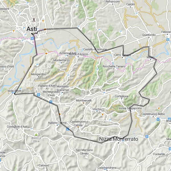 Map miniature of "Asti Castles Loop" cycling inspiration in Piemonte, Italy. Generated by Tarmacs.app cycling route planner