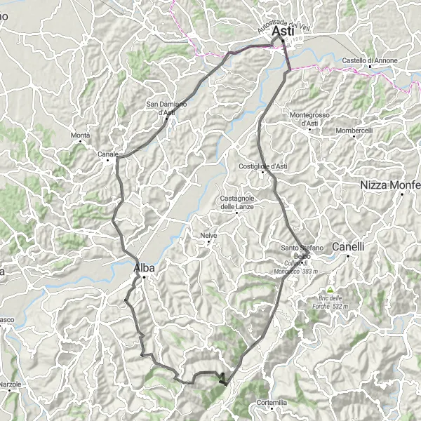 Miniaturní mapa "Okruh kolem Asti" inspirace pro cyklisty v oblasti Piemonte, Italy. Vytvořeno pomocí plánovače tras Tarmacs.app