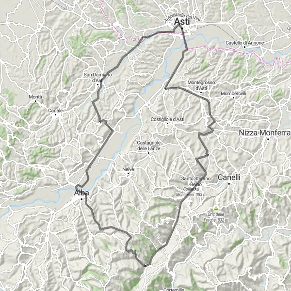 Map miniature of "Legendary Road Cycling: Montegrosso d'Asti to Revignano" cycling inspiration in Piemonte, Italy. Generated by Tarmacs.app cycling route planner