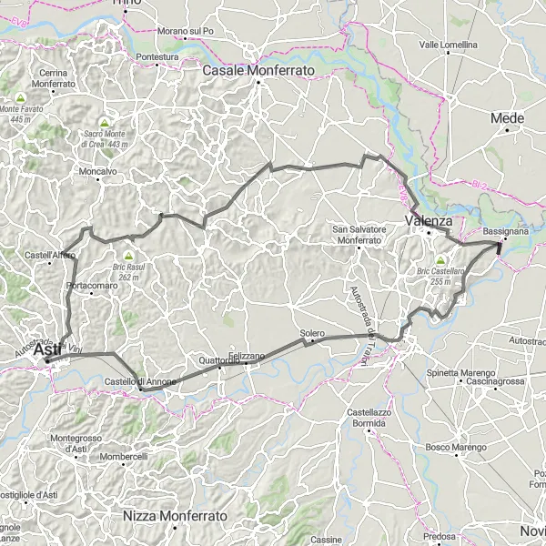 Karten-Miniaturansicht der Radinspiration "Erlebe die Vielfalt des Piemonts - Rennradtour durch die Region Asti" in Piemonte, Italy. Erstellt vom Tarmacs.app-Routenplaner für Radtouren