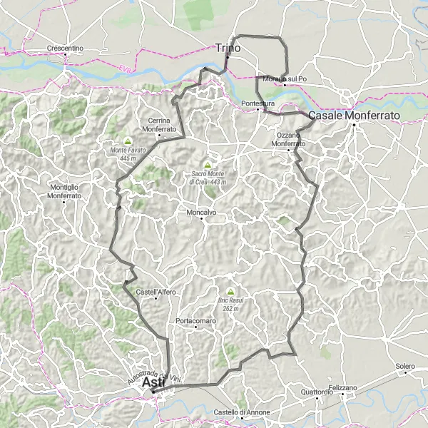 Miniaturní mapa "Vyhlídková cyklotrasa okolo Asti" inspirace pro cyklisty v oblasti Piemonte, Italy. Vytvořeno pomocí plánovače tras Tarmacs.app