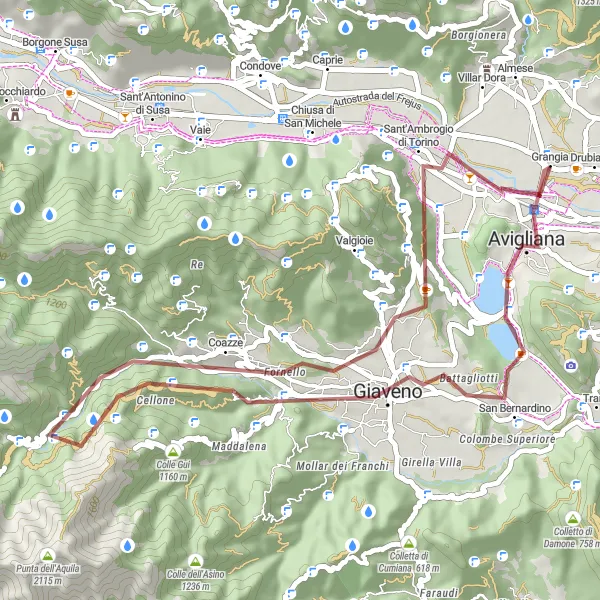 Map miniature of "Avigliana Gravel Adventure" cycling inspiration in Piemonte, Italy. Generated by Tarmacs.app cycling route planner