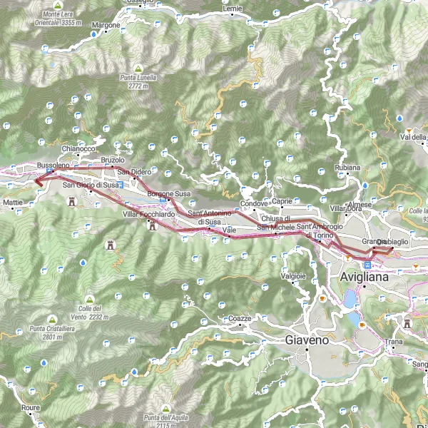 Kartminiatyr av "Grusvei rundtur fra Avigliana" sykkelinspirasjon i Piemonte, Italy. Generert av Tarmacs.app sykkelrutoplanlegger