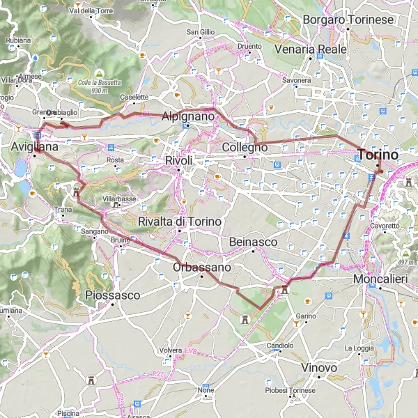 Miniaturní mapa "Gravelová cesta kolem Avigliany" inspirace pro cyklisty v oblasti Piemonte, Italy. Vytvořeno pomocí plánovače tras Tarmacs.app