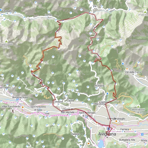 Miniatuurkaart van de fietsinspiratie "Gravelroute rond Avigliana" in Piemonte, Italy. Gemaakt door de Tarmacs.app fietsrouteplanner