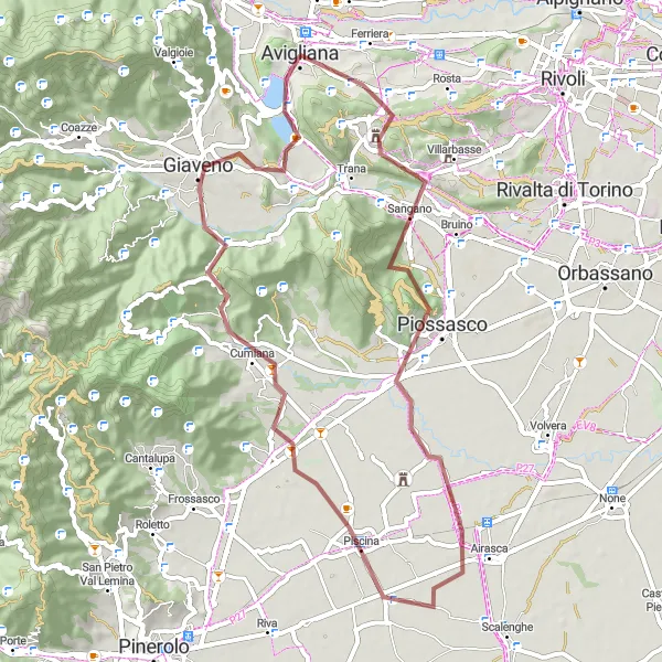 Map miniature of "Avigliana and the Gravel Adventure" cycling inspiration in Piemonte, Italy. Generated by Tarmacs.app cycling route planner