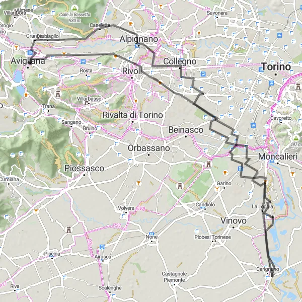 Miniaturní mapa "Silniční trasa kolem Avigliany" inspirace pro cyklisty v oblasti Piemonte, Italy. Vytvořeno pomocí plánovače tras Tarmacs.app