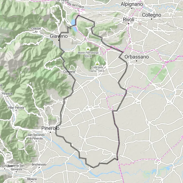 Miniatura della mappa di ispirazione al ciclismo "Pedalata panoramica da Avigliana a Rocce Rosse" nella regione di Piemonte, Italy. Generata da Tarmacs.app, pianificatore di rotte ciclistiche