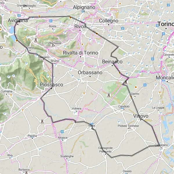 Miniaturní mapa "Jízda na kole kolem Avigliany" inspirace pro cyklisty v oblasti Piemonte, Italy. Vytvořeno pomocí plánovače tras Tarmacs.app
