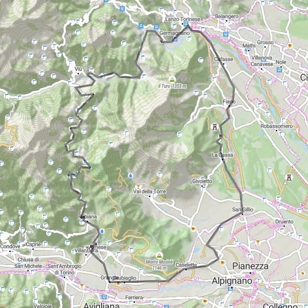 Map miniature of "Rubiana to Caselette Road Cycling Route" cycling inspiration in Piemonte, Italy. Generated by Tarmacs.app cycling route planner