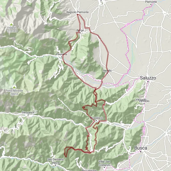 Miniaturní mapa "Gravelová cesta kolem Bagnola Piemonte" inspirace pro cyklisty v oblasti Piemonte, Italy. Vytvořeno pomocí plánovače tras Tarmacs.app