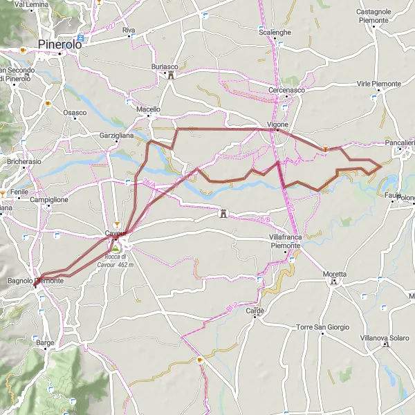 Mapa miniatúra "Gravel trasa do okolí Bagnolo Piemonte" cyklistická inšpirácia v Piemonte, Italy. Vygenerované cyklistickým plánovačom trás Tarmacs.app